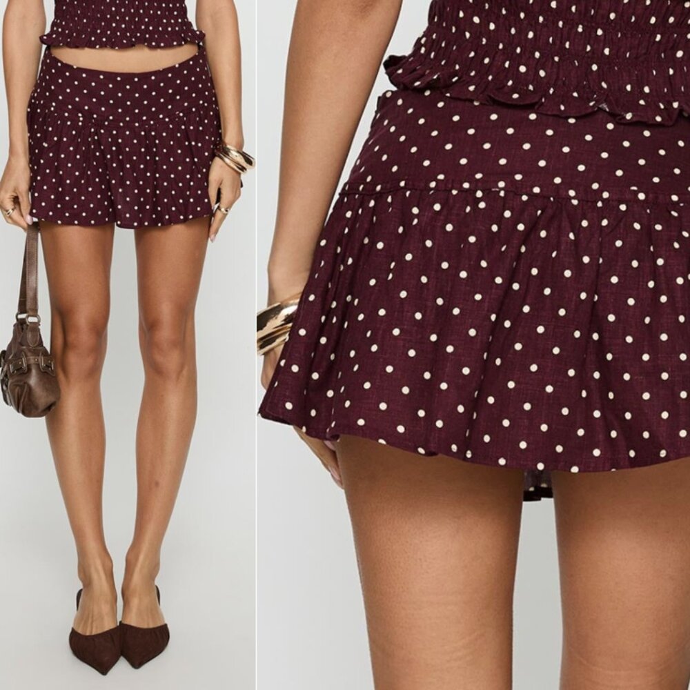 Princess Polly Tovie Frill Linen Blend Skort Plum Polka